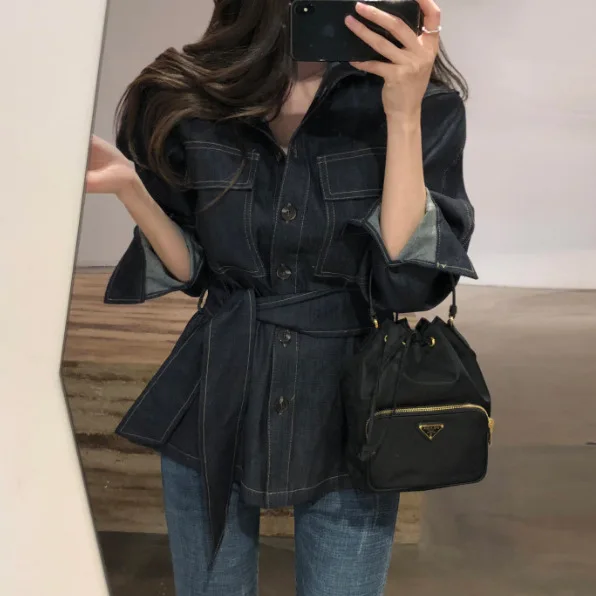 

2019 Spring Dress New Temperament Lapel Single Row Buckle Waist Belt Casual Han Mesh Red Cowboy Shirt Short Coat Jackets Women