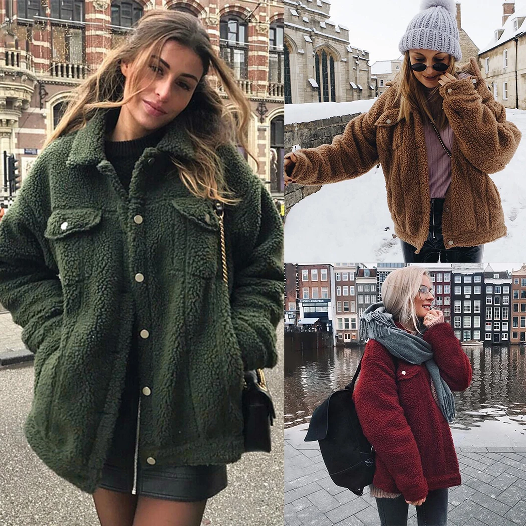 Women Faux Fur Teddy Coat Spring Winter Fluffy Warm Jackets Outwear Fashion Button Pocket Hairy Coats Female Overcoat Streetwear