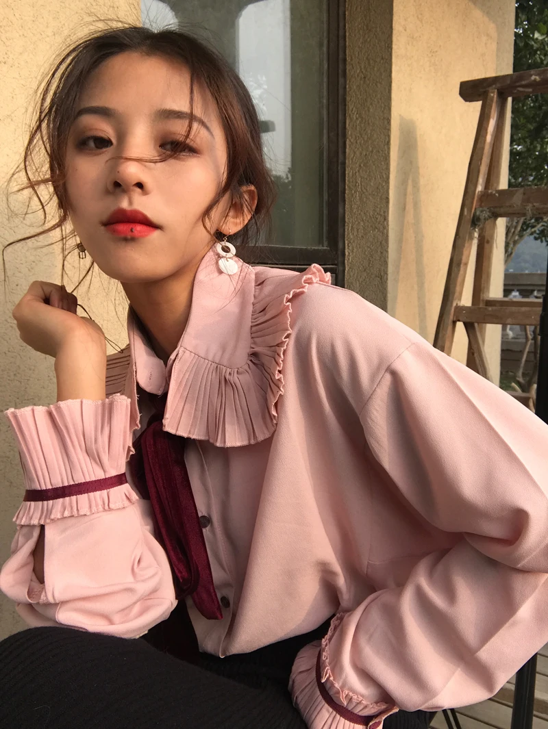 

Pengpious Korean style pleated ruffles peter pan collor young girls fashion chiffon shirts women long flare sleeve sweet blouses