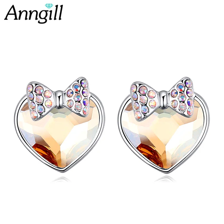 

ANNGILL Unique Design Genuine Crystals from Swarovski Stud Earrings for Women Bow Knot Heart Earring Love Wedding Birthday Gift