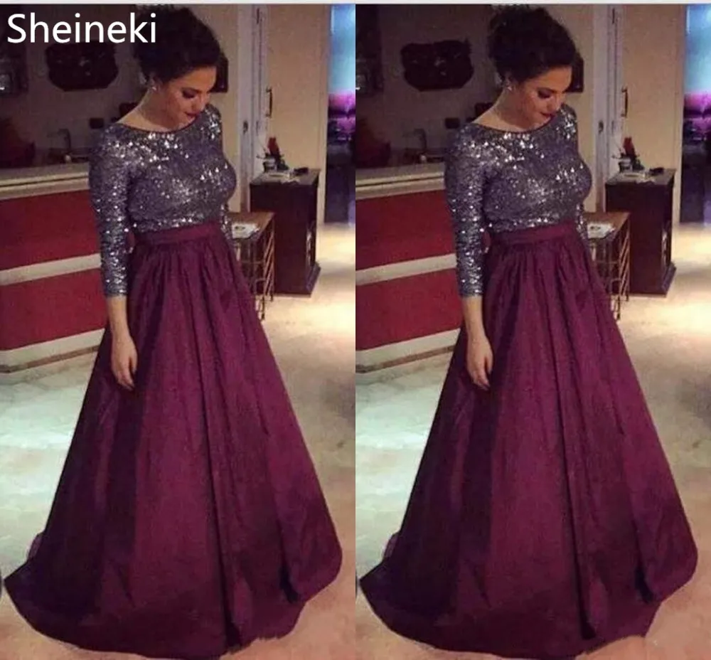 

A-Line Mother Of The Bride Dresses Jewel Neck Sashes Sequins Long Sleeves Burgundy Formal Mother Dresses Evening Dresses