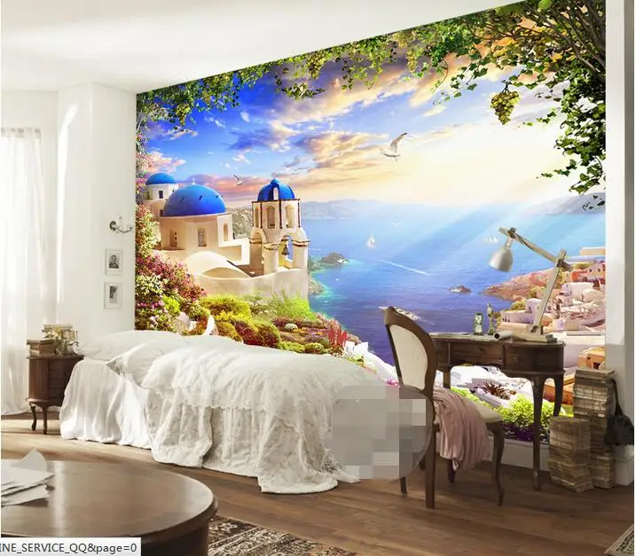 Us 15 65 49 Off Custom Photo 3d Wallpaper Non Woven Mural Wall Sticker 3d Fantasy Romantic Castle Aegean Sea Seagull Ship Mural In Wallpapers From