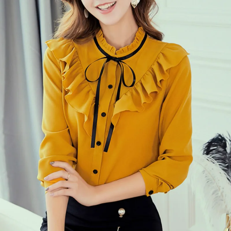 

2019 Autumn Spring Shirts Korean Women Blouse Fashion Slim Blouses Casual Top Office Ladies Chiffon Shirt Blusas Mujer Yellow