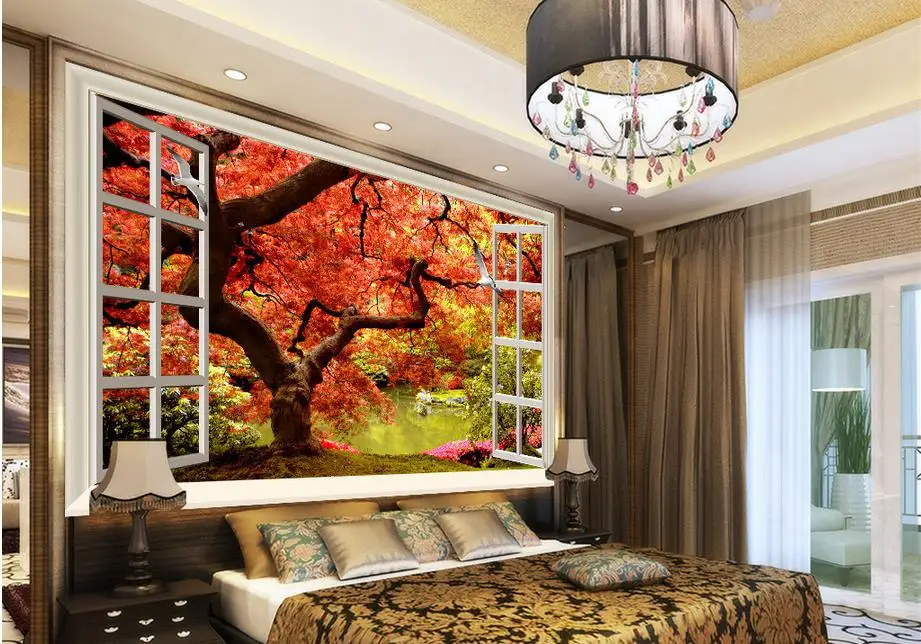 luxury customize 3d wall murals Red leaves 3d landscape ...