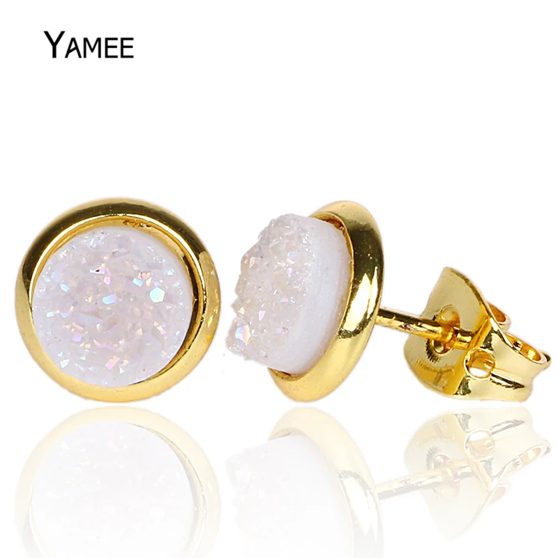 

6mm Round Convex Druzy Crystal Earrings Gold Plating Natural Stone Earrings Simple Design Small Druzy Stud Earrings For Women