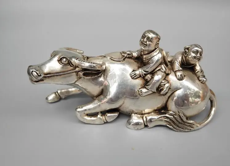 Chinese collection white copper child riding cow crafts statue image_0