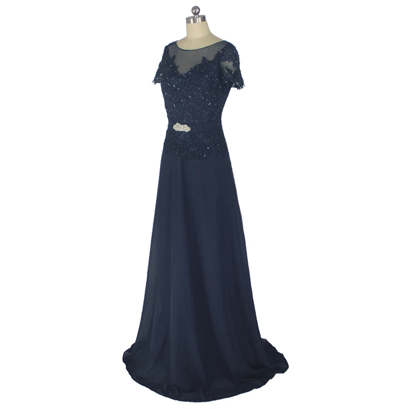 Short Sleeve A-line Cap Sleeve Lace Chiffon Navy Blue Long Evening Mother Of The Bride Dress