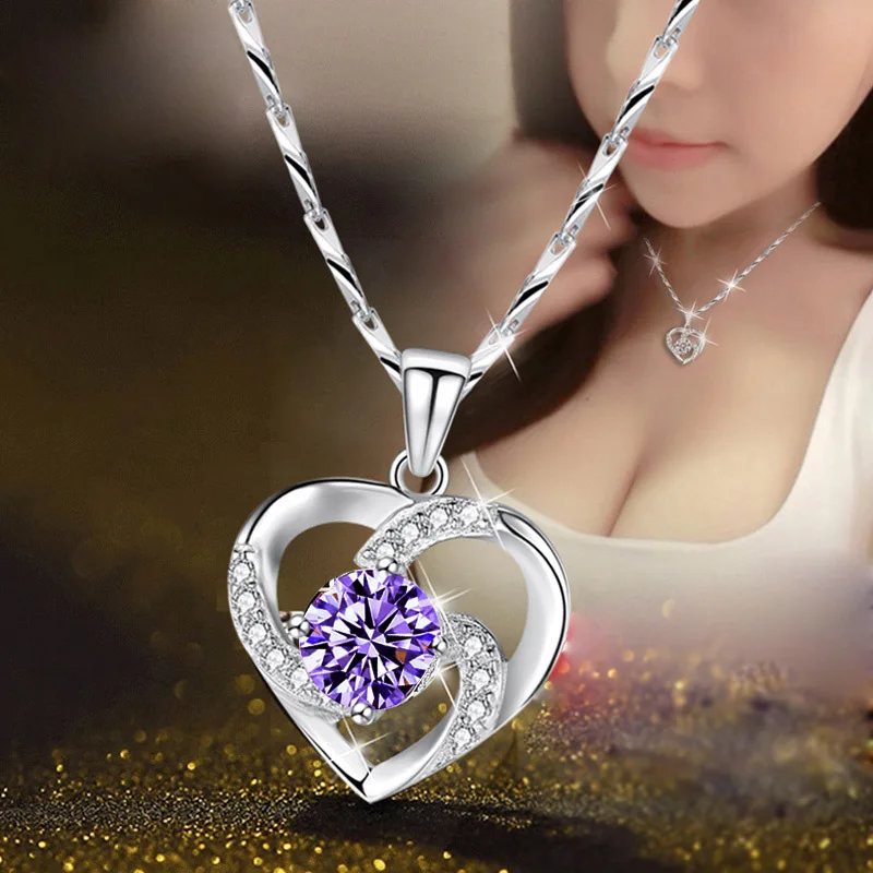 

Pendant Heart White Purple Zircon 925 Sterling Silver Color Necklace Pendant For Women Jewelry Jewellery Without Chain GIFT D27