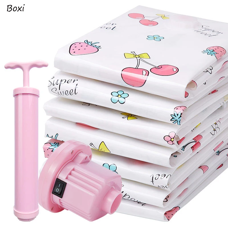 thumbnail image 2 of Boxi 4 piezas/10 piezas/juego de bolsas de almacenamiento al vacío engrosadas, bomba de mano gratuita, manta reutilizable, bolsa de ropa, organizador de paquetes con sello que ahorra espacio, 2 of 6