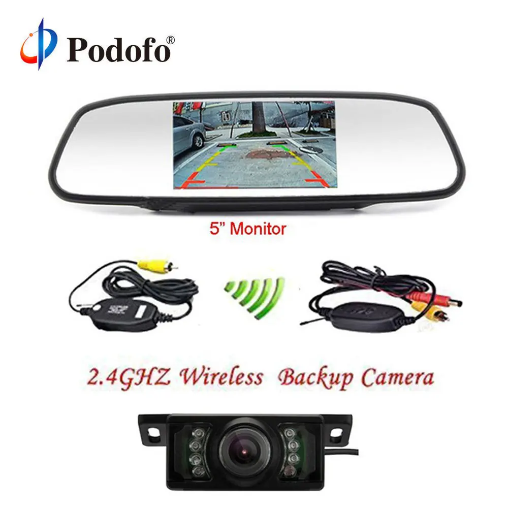 

Podofo Auto Parking Assistance Wireless Night Vision Backup Camera+5" Rearview Mirror Monitor Car Rear View Parking Kit