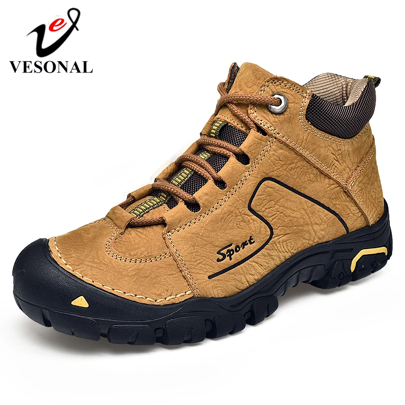 

VESONAL Genuine Leather Snow Boots Men Shoes For Male Adult Warm With Fur Outdoor Hiking Shoes Sneakers Men Short Plush Footwear