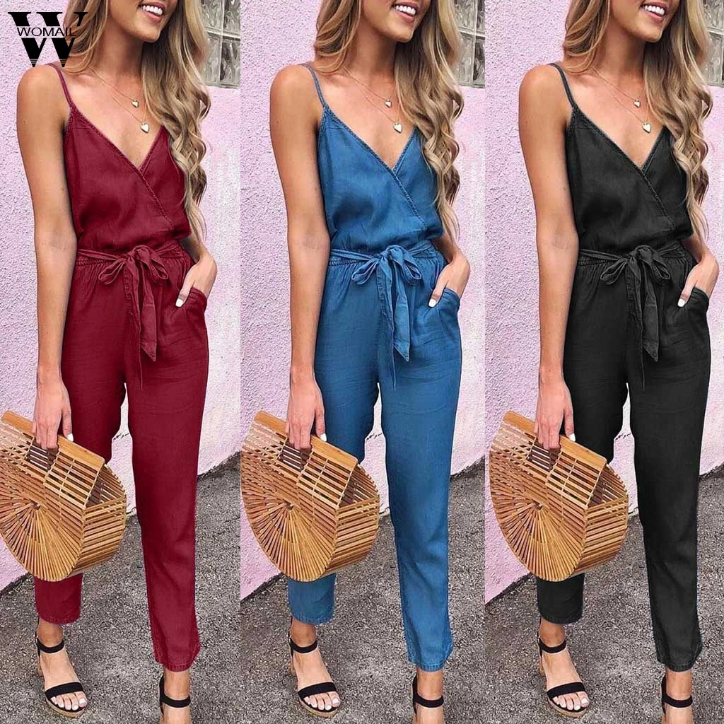 

Womail bodysuit Women Fashion Sleeveless Solid Sexy With Pocket Simple Beach long Jumpsuits Holiday Sundress Summer 2019 J710