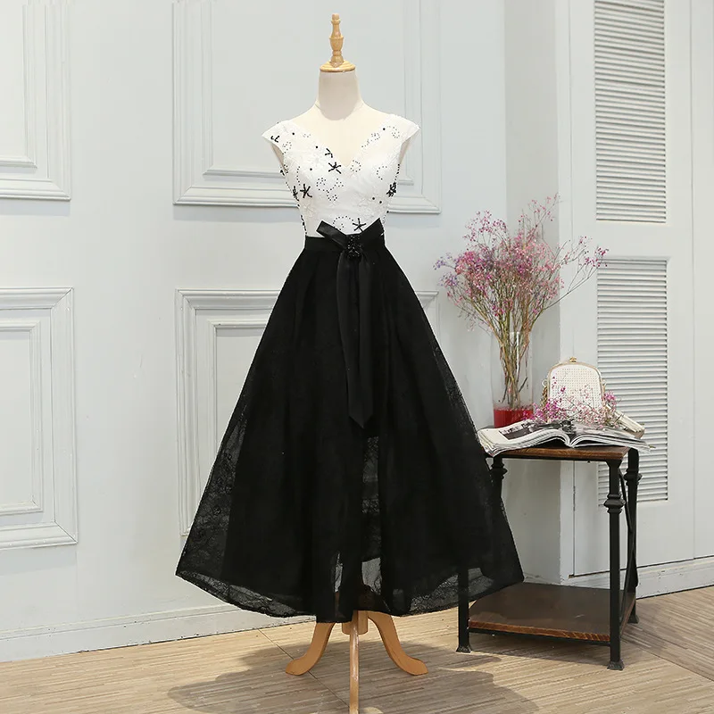 Вечернее платье Новые короткие Стиль v-образным вырезом банкет тонкие модные Черный и белый цвета элемент элегантного исполнения платье в Корейском стиле