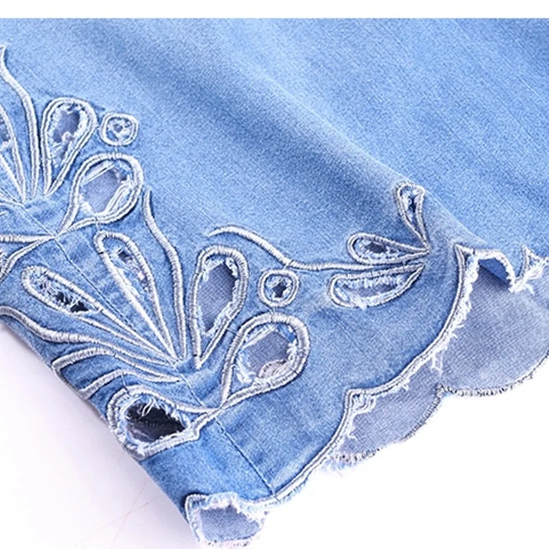 Pants Women Summer Mom Jeans High Waist Women Palazzo Embroidery Vintage Female Trousers Silk Denim Wide Leg Pants AA4804