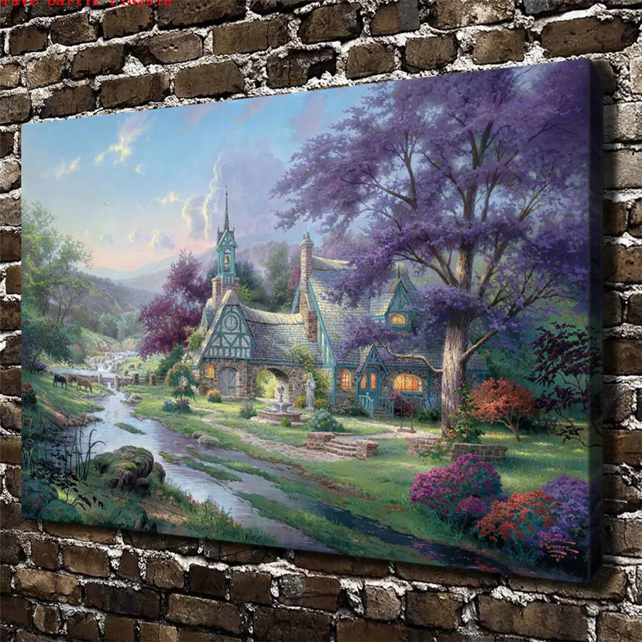 Thomas Kinkade Clocktower Cottage Canvas Painting Print Living Room