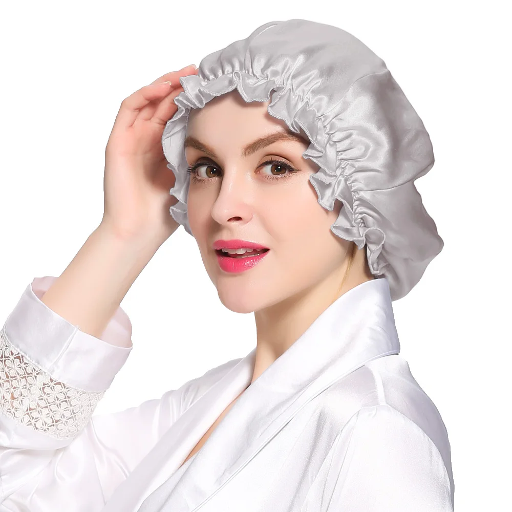 Lilysilk шапка женская Воланами сплошные китайский шелковый ночной сон шапки термозащита для волос аксессуары элегантные - Цвет: Silvergrey