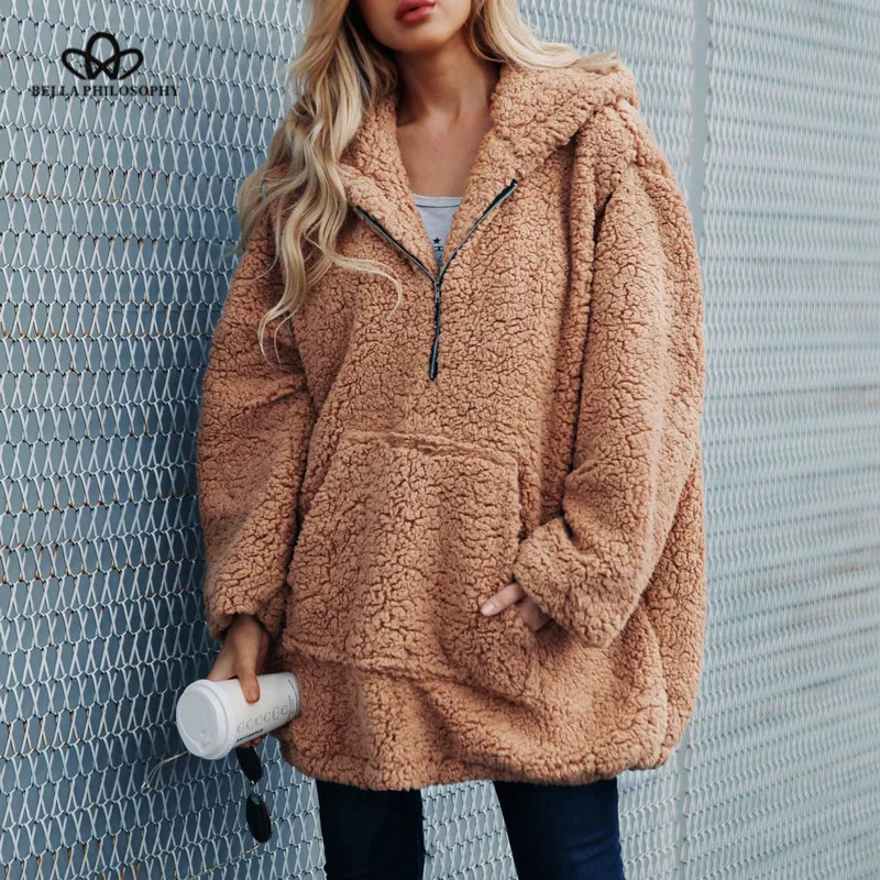 Wonder 2018 new Autunm Winter Faux Lambswool Outerwear Women Hooded Fur Coat Solid Fleece Warm Plus Size Teddy Female Coat