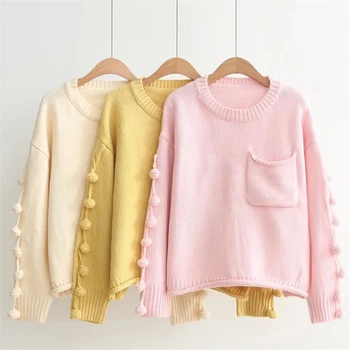 

Autumn Winter Women New Casual Loose O-neck Knitted Pullovers Female Warm Sweet Hair Ball Knitwear Sweater With Pockets Tops Q36