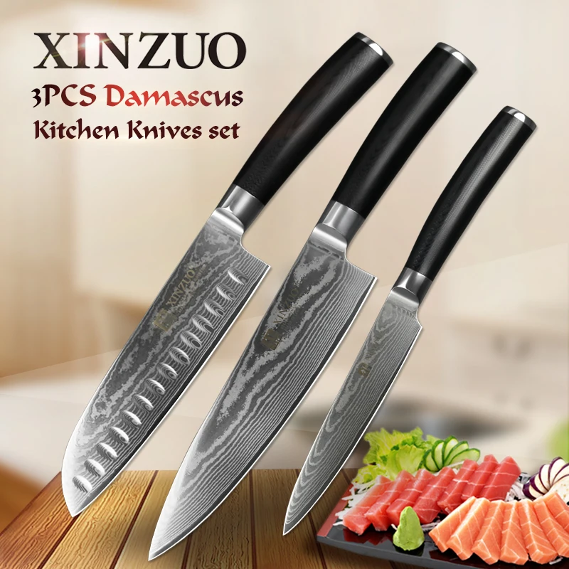 

XINZUO 3PCS Kitchen Knives Sets 67Layer Damascus Stainless Steel Kitchen Chef Santoku Utility Knife with G10 Handle Kitchen Tool