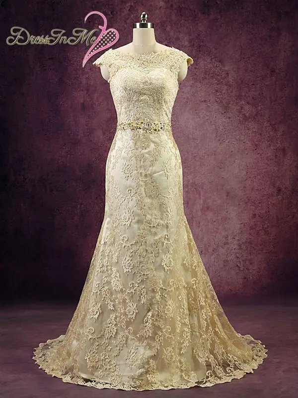 Boat Neck Champagne Fitted A Line Lace Wedding Dress Low V Back with Sash Backless Wedding Dresses Vestidos de Noiva Real Photos