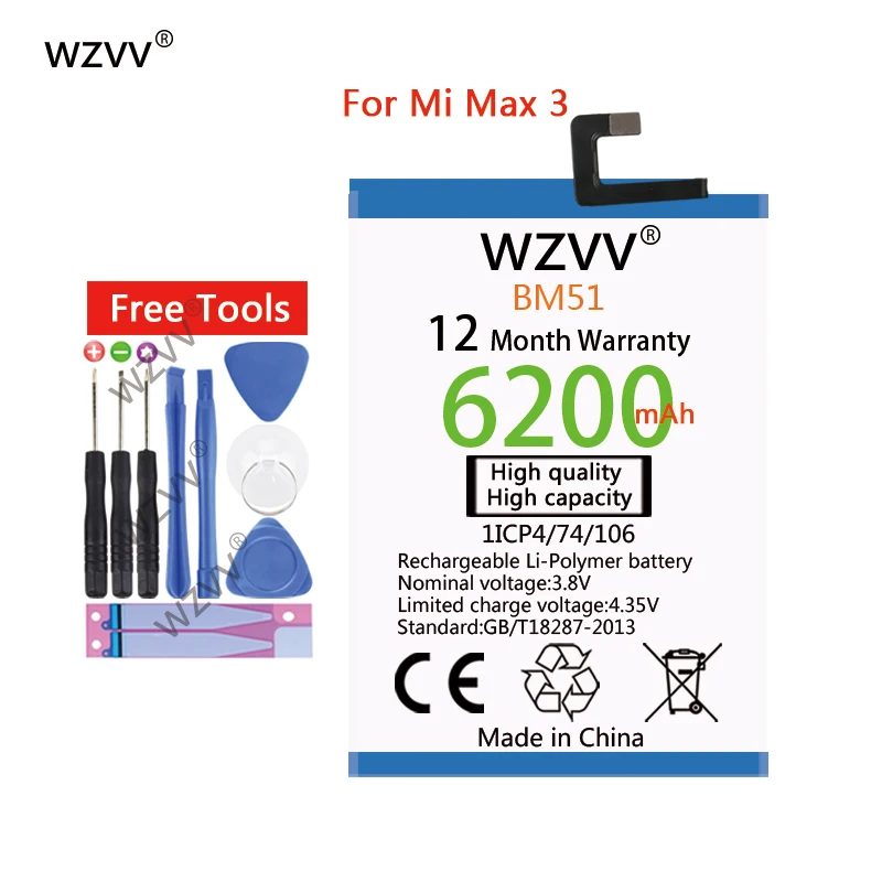 

wzvv 6200mAh Li-Polymer battery BM51 for Xiaomi Mi Max3 Authentic Replacement batteries