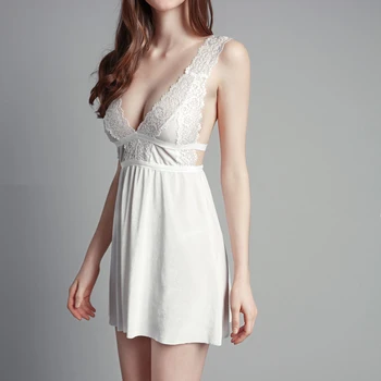 

Sexy Lace Nightgown Lingerie V-neck Fashion Pleuche Sexy Nightdress Women Sheer Scalloped Mini Nightwear Slip Sleepwear Chemises