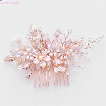 

Jonnafe Rose Gold Floral Hair Comb Bridal Headpiece Crystal Pearls Wedding Prom Women Hair Jewelry Accessories Handmade
