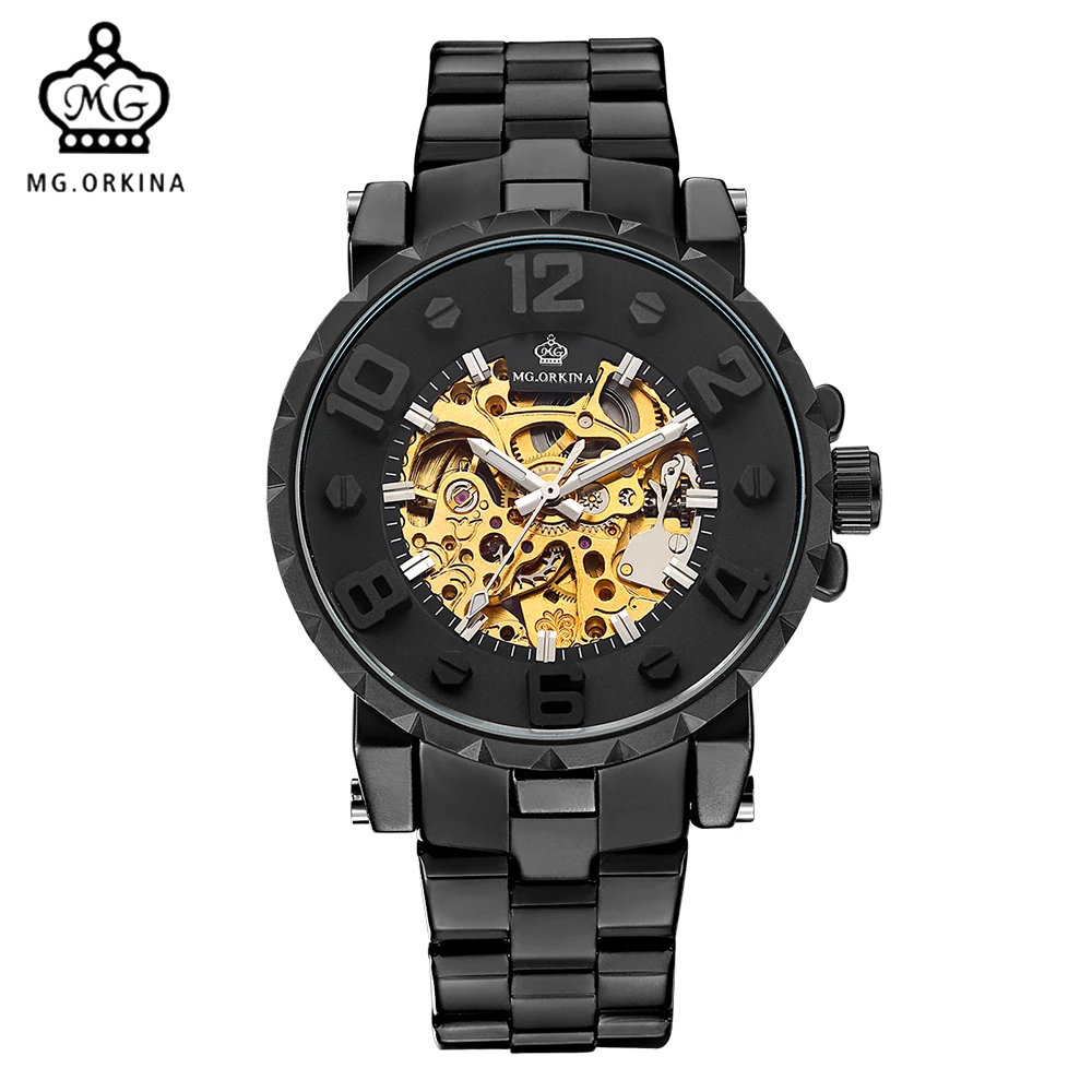 MG ORKINA Men Wristwatches 2017 Engraved Golden Skeleton Automatic Mechanical Male Wrist Watch Full Black Relogio