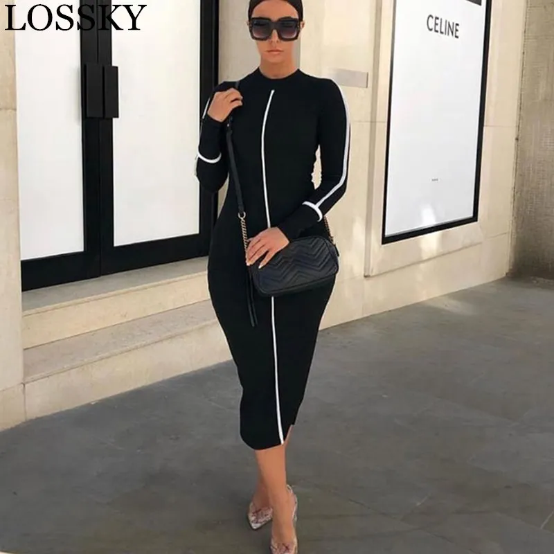 

Women Autumn Winter Bodycon Midi Dress Sexy Long Sleeve Turtleneck Slim Party Club Black White Long Dress Casual Dresses Robe