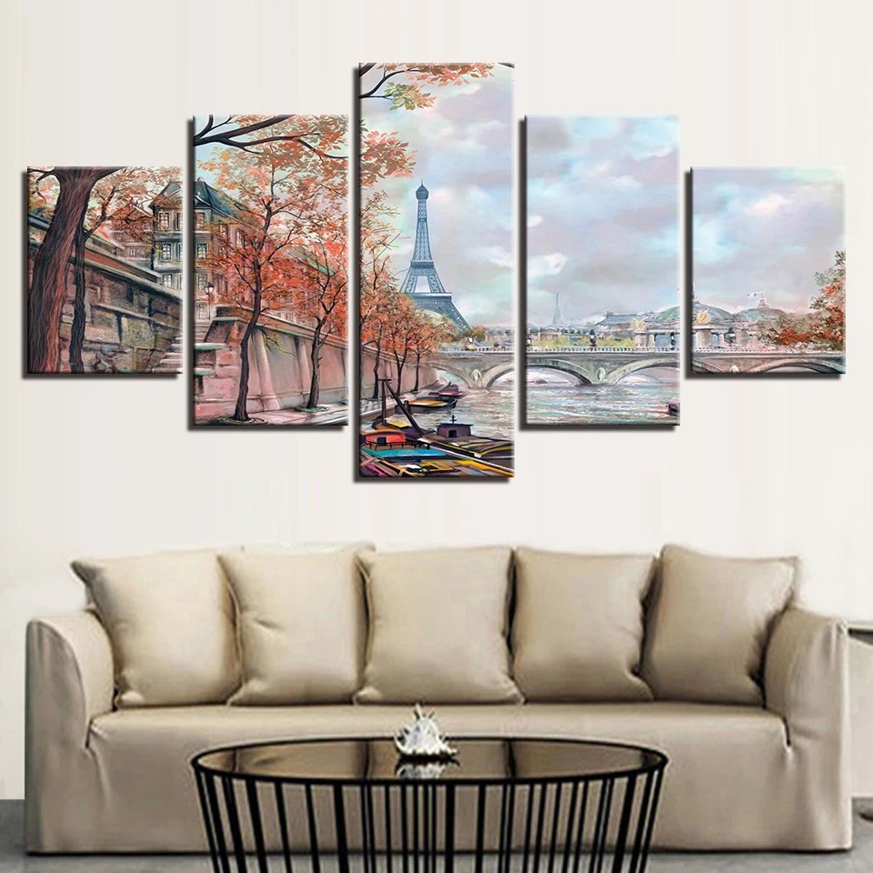 Декор для гостиной, настенная напечатанная художественная рама для пейзажа, 5 шт., картины с Парижской башней, мостом, художественные модульные картины, плакат на холсте