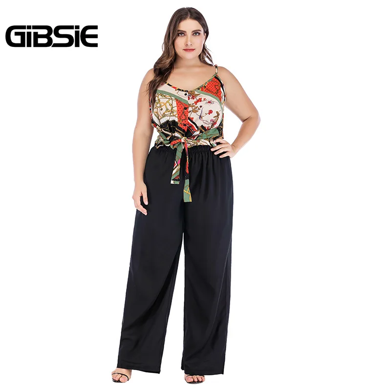 

GIBSIE Plus Size Summer 2 Piece Set Mixed Print V Neck Tie Cami Top and Wide Leg Pants Sets Casual Women Two Piece Outfits