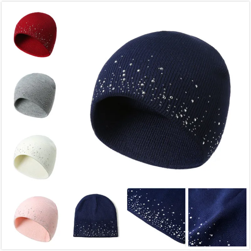 Winter autumn beanie hats women soft knitting skullies beanies hat female fashion rhinestone cotton hat cap