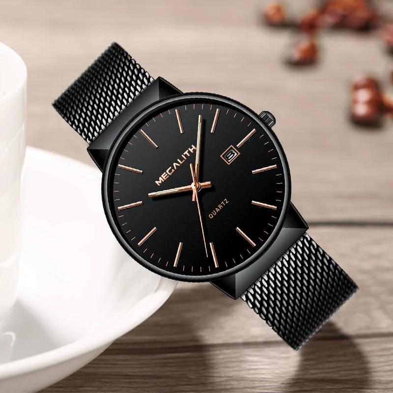 

MEGALITH Simple design Watch Business Men Mesh clock Diamond Date timing Waterproof Black Stainless Steel Quartz Watch Montre