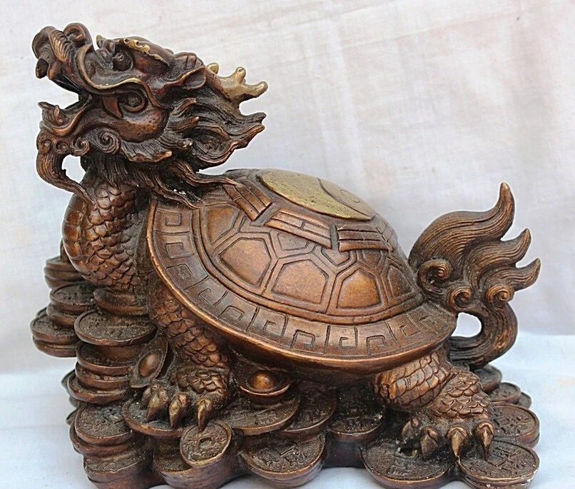 

11" Chinese Bronze Fengshui Money Wealth Rich Dragon Turtle Statues Sculptures Q