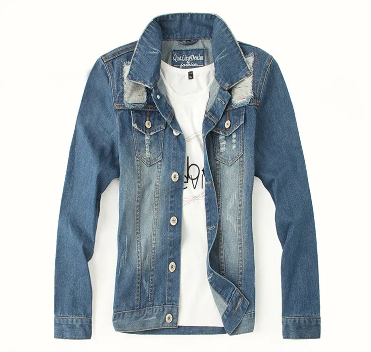 2015 Mens Ripped Denim Jacket Washed Destroyed Light Blue