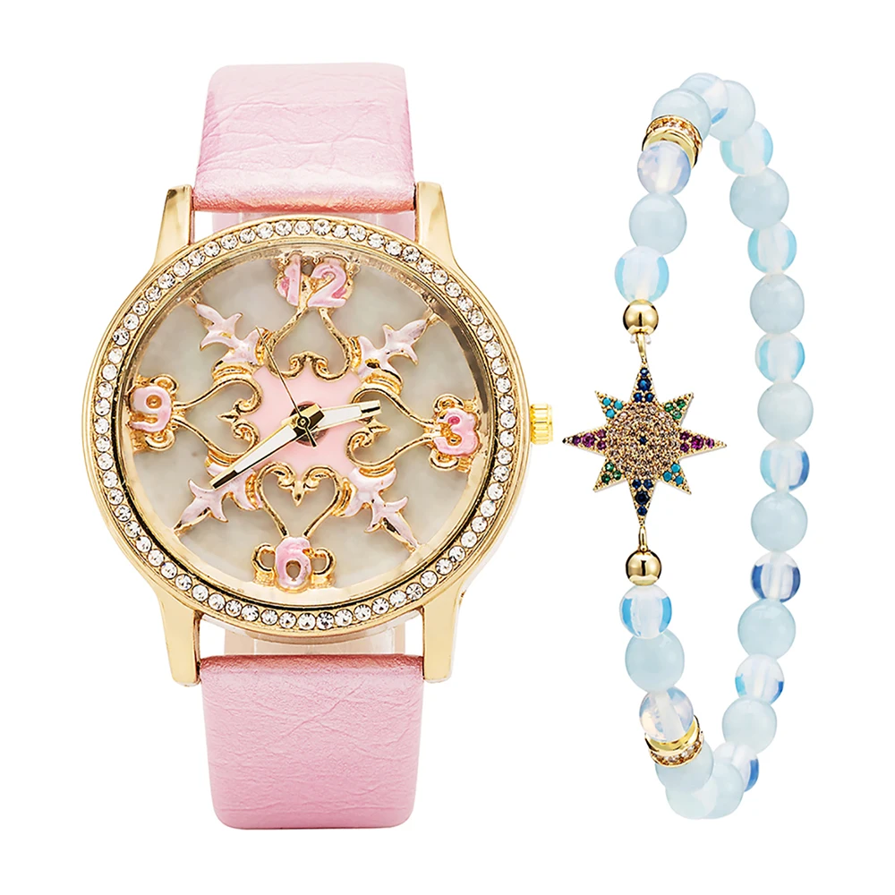 

3PCS Ladies' leather flower watches with zircon star jewelry blue agate beads bracelet set with gift watch box hot style-RL076A
