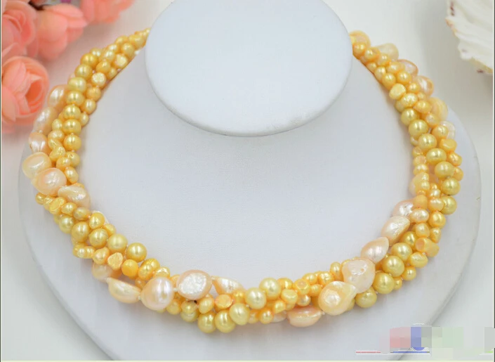 

FREE SHIPPING>>>@@ > P4727 4row 19" 15mm baroque pink yellow freshwater cultured pearl necklace ^^^@^Noble style Natural Fine je