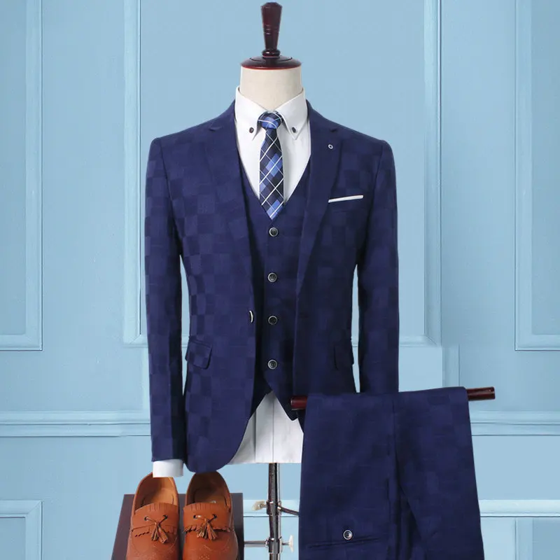 

Blue Classic Men Plaid Suit 3 Piece Set Slim Design Men Wedding Suits Size XXL XXXL Men Blazer Jacket and Pants with Vests