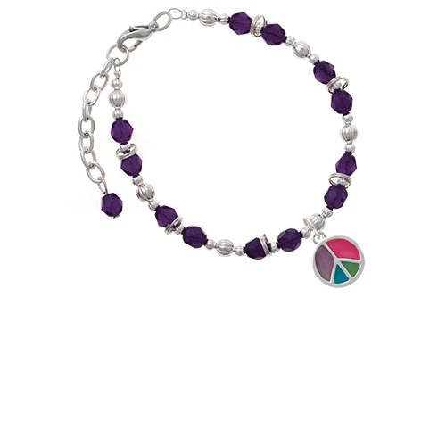 Multicolored Peace Sign Purple Beaded Bracelet