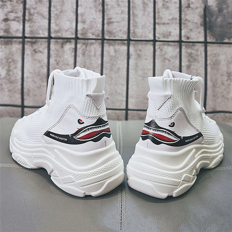 High Top Sneakers Men Unisex Knit Upper Breathable Shoes Fashion Shark Logo Couple Black / White Shoes Sock Shoes Thick Sole 5cm