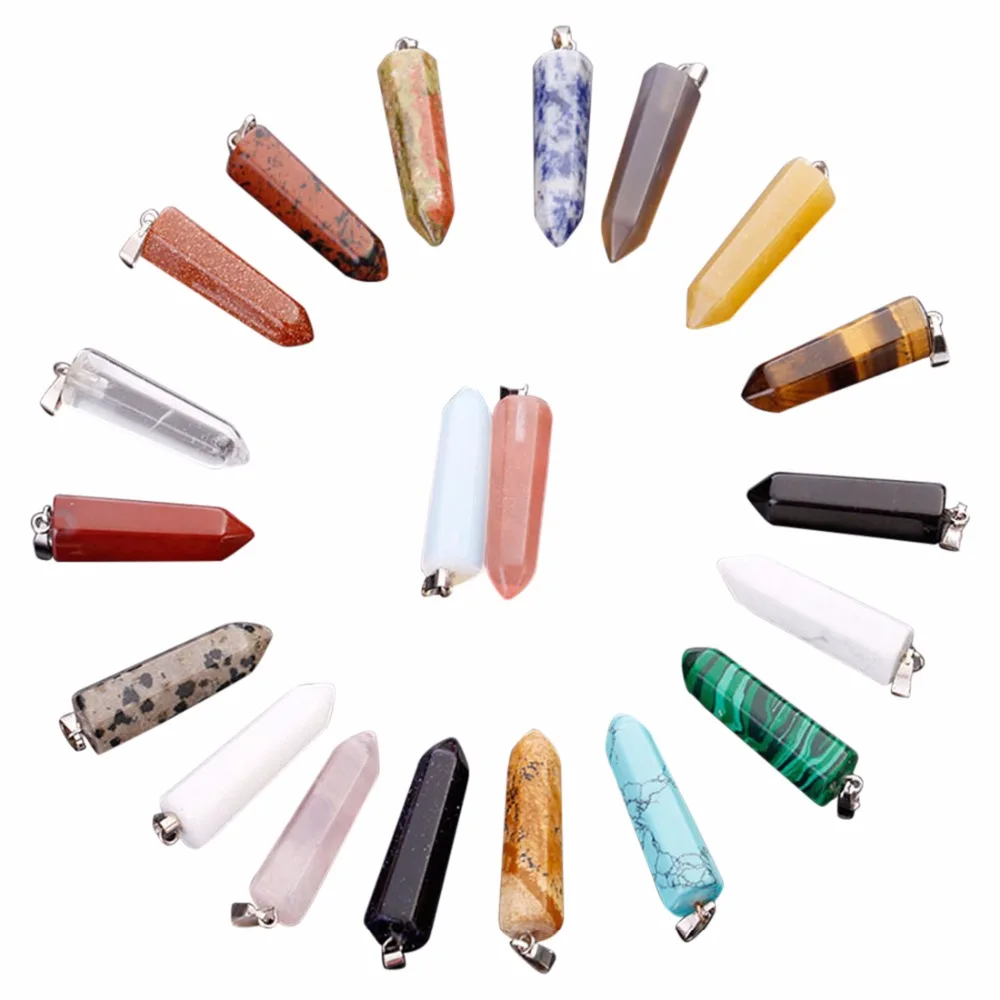 

Wholesale 24pcs/lot Hexagonal Bullet-Shaped Quartz Crystal Teardrop Stone Bead Chakra Pendants Mixed Colors Free shipping
