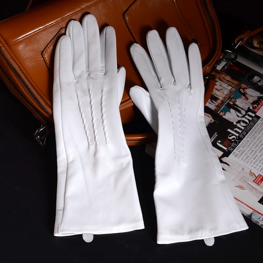 US $27.80 30cm 12 Womens Ladies Leather Raised Stitching White Middle Long Gloves Party Evening Gloves Customized