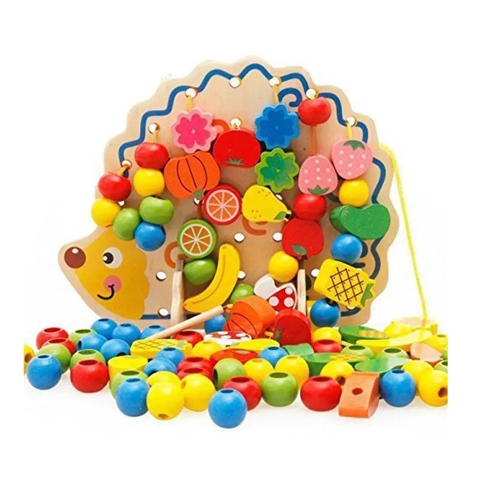 

MWZ Wooden Fruits and Vegetables Lacing & Stringing Beads Toys with Hedgehog Board for Above 3 Years Old Kids