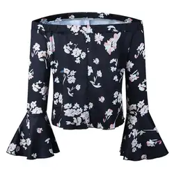 Лето с открытыми плечами Flare рукавом Свободные топы Для женщин цветочный блузка Топ Женская одежда