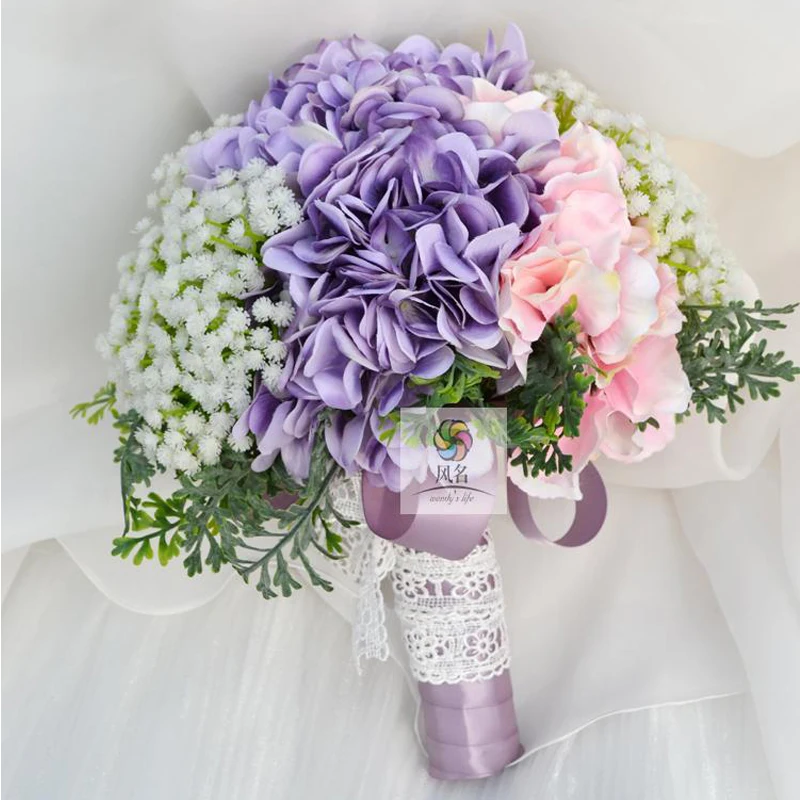 

Handmade simulation flower bouquet wedding bride bridesmaid powder purple hydrangea full of stars pastoral hand holding flowers