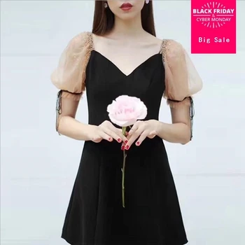 

New V-neck vintage women Beading dress 2019 summer fashion palacess mesh puff sleeve female dress elegant dress Party dress x558