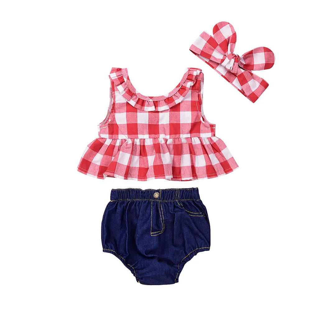 Летний комплект одежды для маленьких девочек, клетчатая юбка, футболка Топы+ джинсовая короткая лента для волос для девочки, Одежда для новорожденных, Kledings