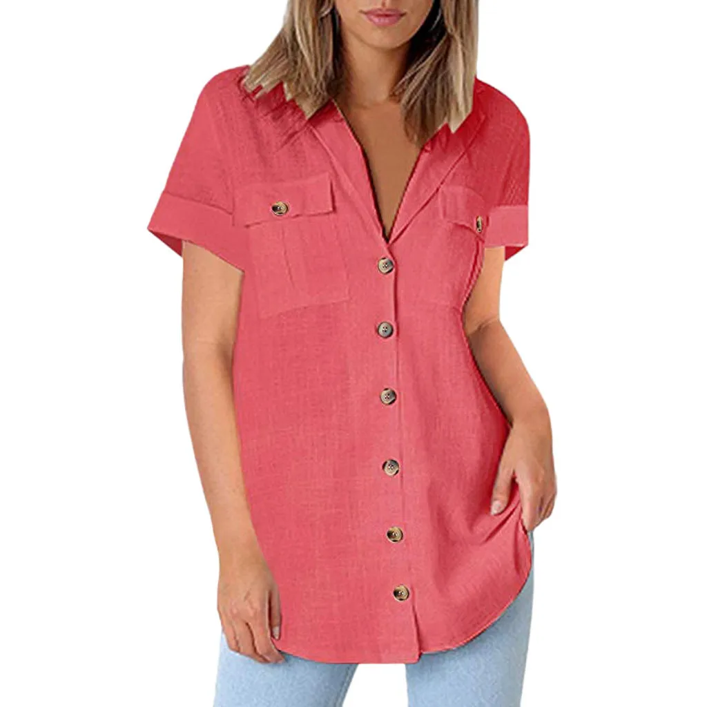 

Women's T-shirt Summer Casual Button Shirts Pocket Solid Color Short Sleeve T-shirt Women Tunics Loose Soft Daily Flared Tops