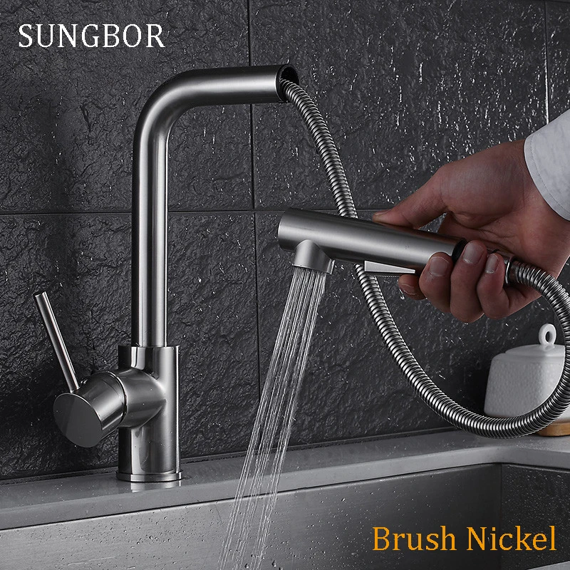 

Kitchen Faucet Single Handle Pull Out Kitchen Tap Single Hole Handle 360 Rotate 304 Stainless Steel Swivel Sink Mixer Tap 9916S
