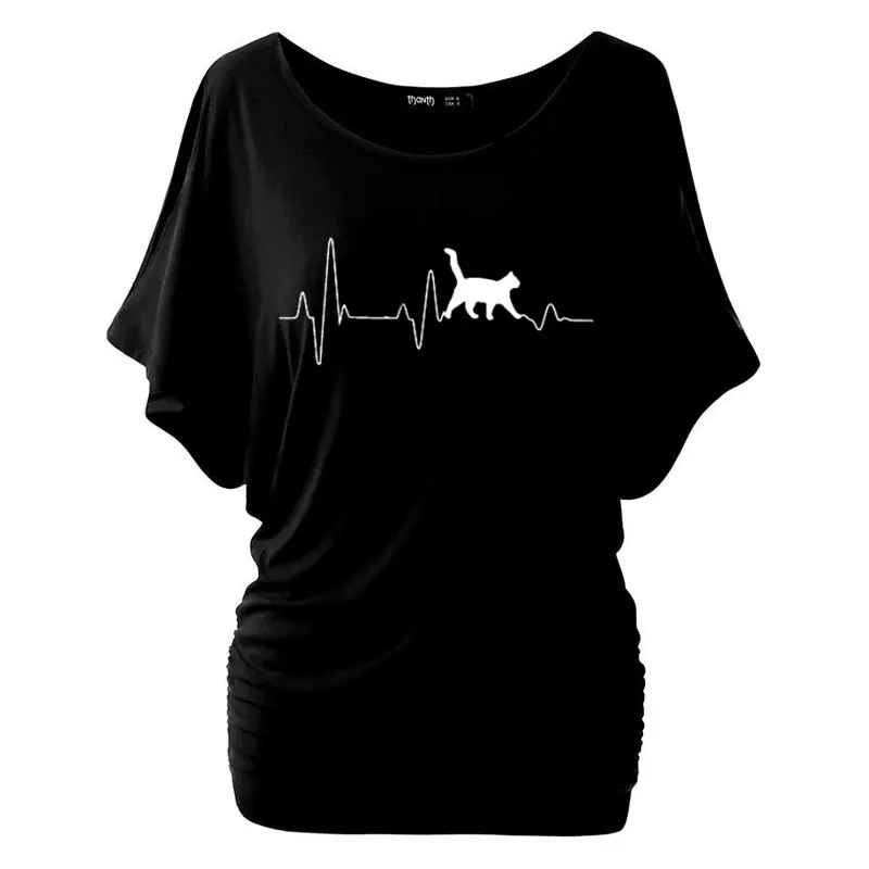 

2019 Cat Heartbeat Lifeline Printed Tshirt Women Casual Funny T Shirts Femme Batwing Sleeve Tees Tops Hipster Woman Clothes